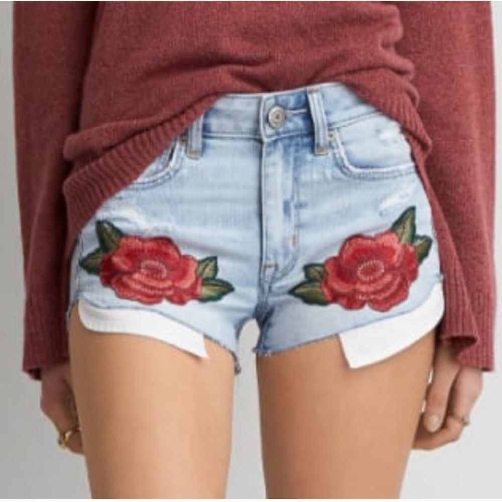 American Eagle Embroidered Floral Flower Hi-Rise Shortie Jean Shorts - Size 14
